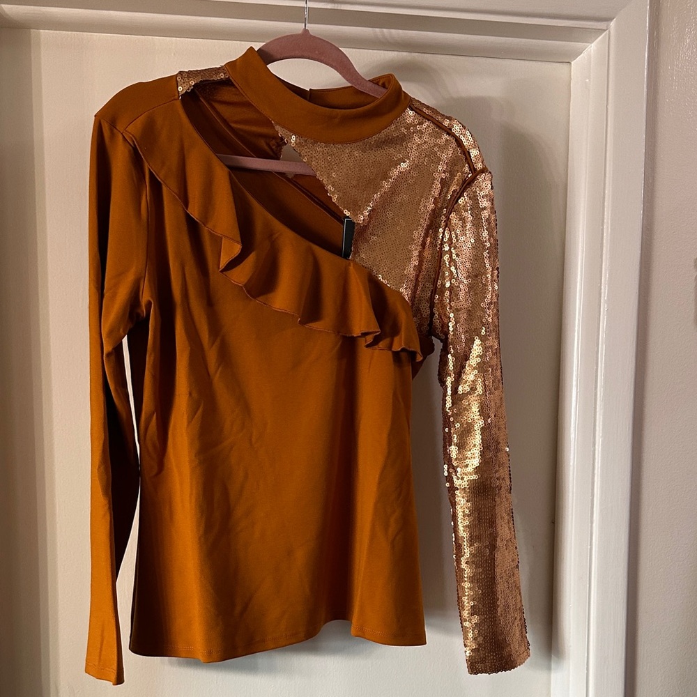 Christian Siriano Bronze Sequin Ruffle Top